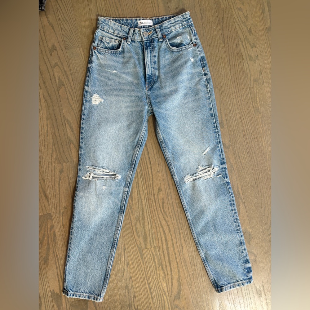 Zara Light Blue High Rise Distressed Jeans